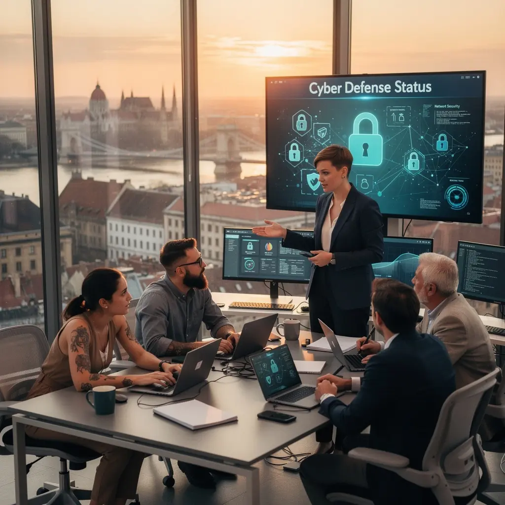 Számítógépes hálózat védelmét bemutató grafika, amely a kiberfenyegetésekkel szembeni védekezést illusztrálja.